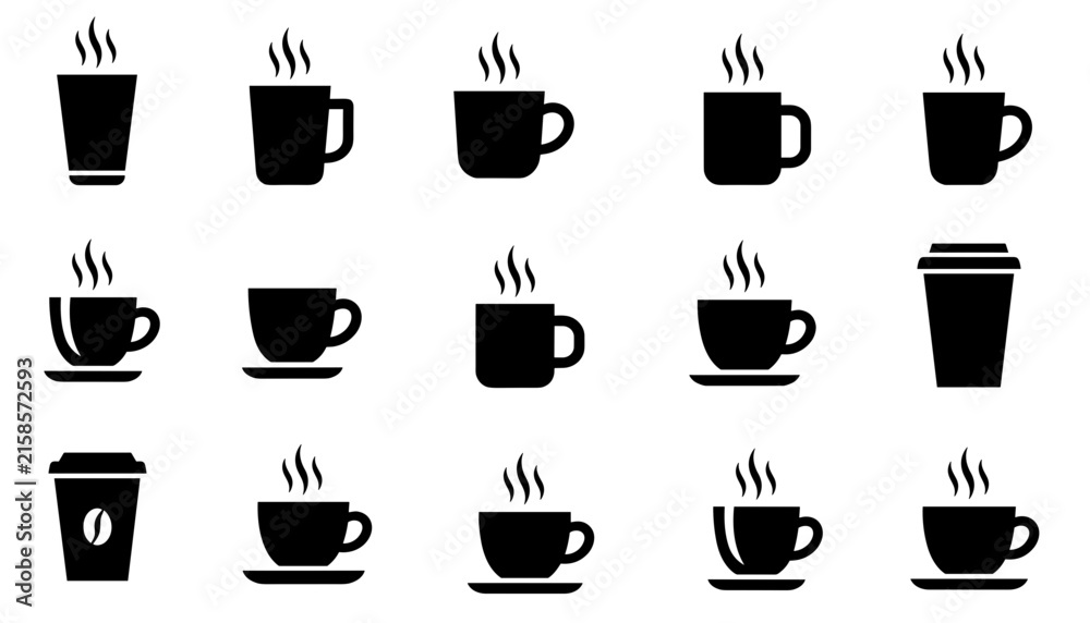 Obraz premium Collection of fifteen diverse black coffee cup and mug silhouettes with rising steam lines, arranged in a grid on a white background.