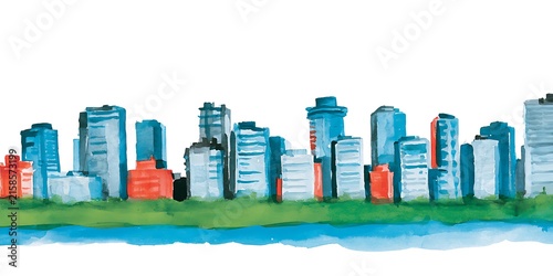 Hand-painted watercolor illustration of a city and nature
