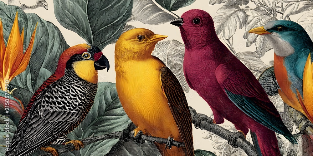 Naklejka premium Four vibrantly colored birds perch together on a branch surrounded by lush green leaves and a tropical flower.