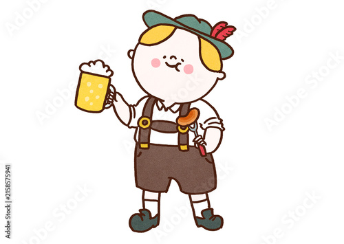 Принти на полотні Man in lederhosen enjoying a mug of beer and sausage, Oktoberfest or traditional