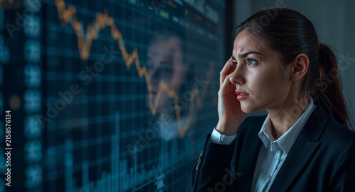 Photo realistic as Businesswoman looking at a declining stock market chart appearing worried - A businesswoman in a suit looking at a declining stock market chart on her computer concept visual.