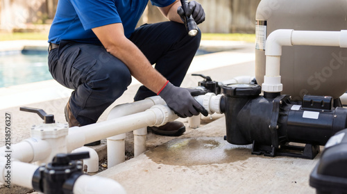 Pool maintenance technician inspecting leaking water pipe connected to swimming pool pump and filtration system with flashlight during outdoor repair service