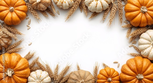 Photo realistic as Decorative border frame with pumpkins and wheat with copy space. - A border frame featuring pumpkins and wheat symbolizing the abundance of Thanksgiving with plenty with copy space.
