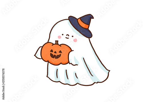 Ghost holding a jack-o-lantern pumpkin, halloween autumn festival concept