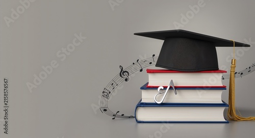 Photo realistic as Graduation Cap with Books and Music Notes - A graduation cap with books and music notes set against a dreamy background offering ample space for text or graphics concept visual.