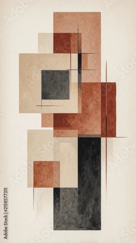 Panel kuchenny z motywem Abstract geometric artwork with layered rectangular shapes in earthy tones. Modern minimalist composition features beige, terracotta, charcoal colors with grainy texture. Vertical lines, overlapping