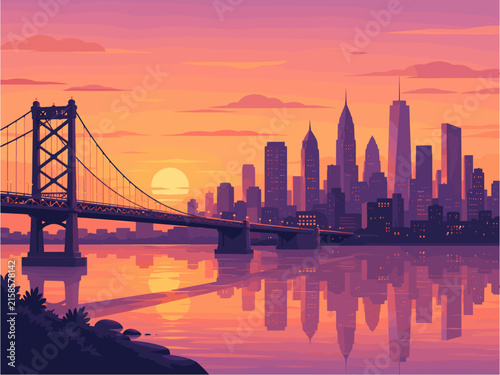Sunset over New York skyline with bridge reflection in water