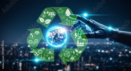 Innovative futuristic robotic hand interacting with digital earth and eco icons representing sustainability environmental technology and green energy solutions