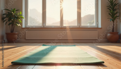 yoga mat positioned on wooden floor with sunlight streaming through windows, creating a calming atmosphere for wellness practice, with copy space