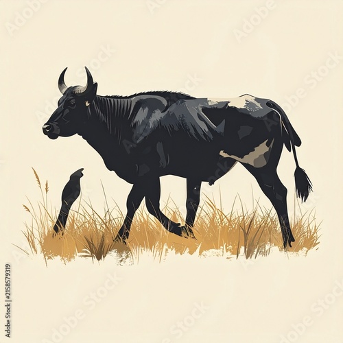 Black cow walking through dry grass field with bird.