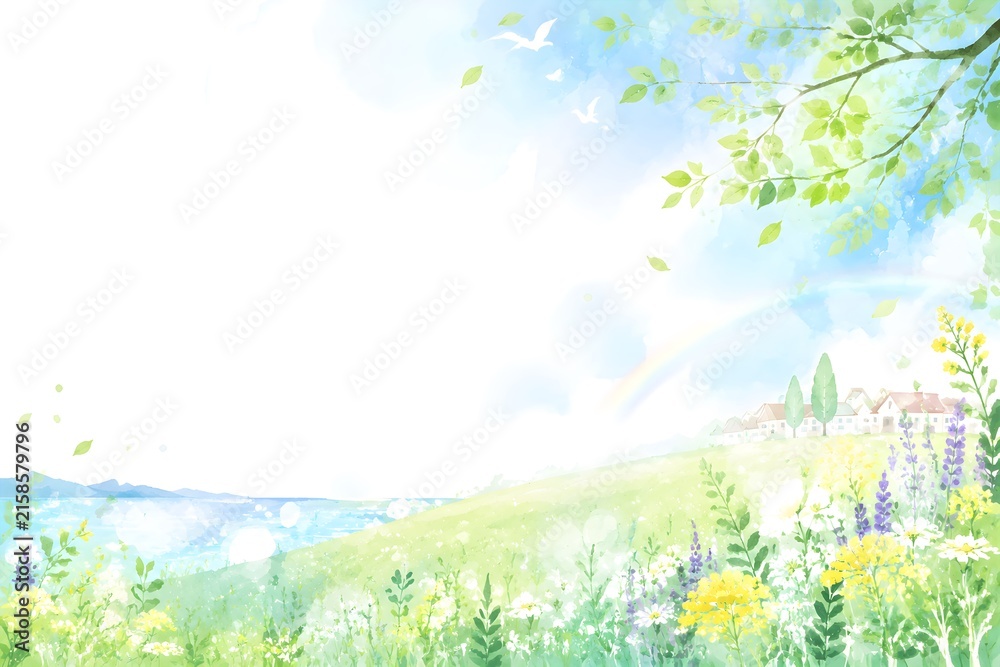 Fototapeta premium 春夏の自然風景と青空のパステル水彩背景｜Pastel watercolor landscape background with blue sky and flowers