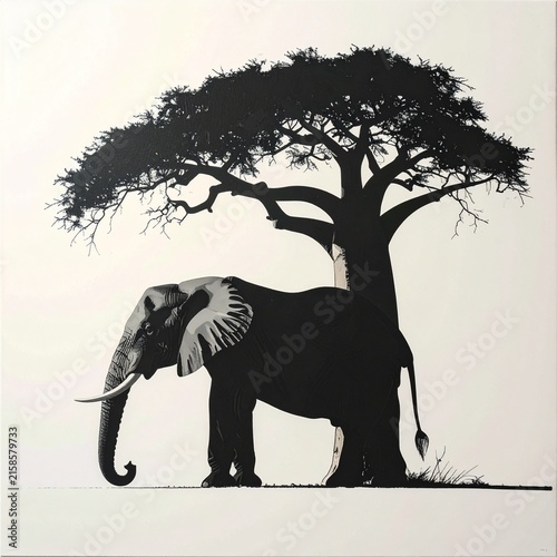 Silhouette of elephant under baobab tree in savanna.