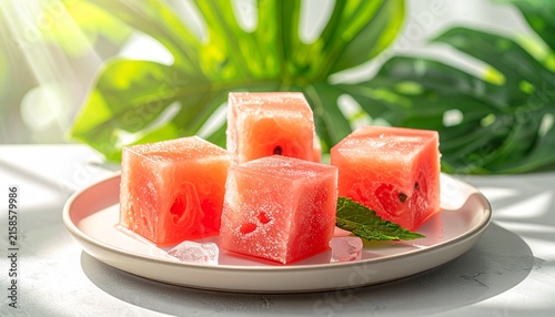 Fresh Watermelon Cubes on White Plate with Green Leaves.