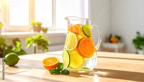 Fresh citrus infused water pitcher on wooden table with sunlight.