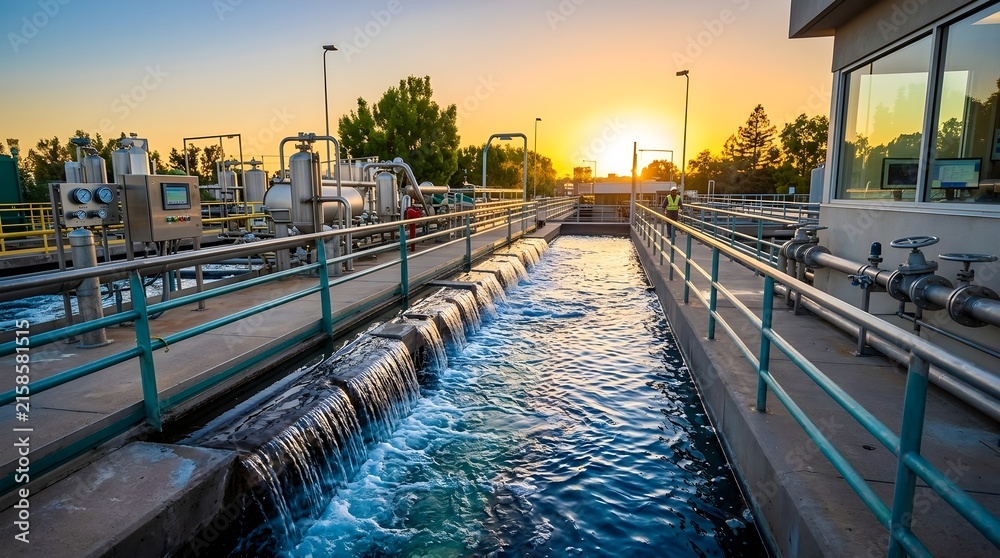 Obraz premium Water treatment plant facility with flowing water and cascading aeration tanks at sunset