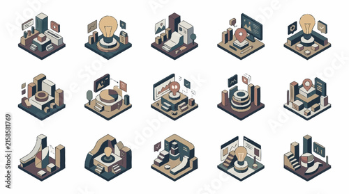 Isometric business icon set represents innovative office workstations, creative brainstorming concepts, modern digital marketing strategies, and data analytics.
