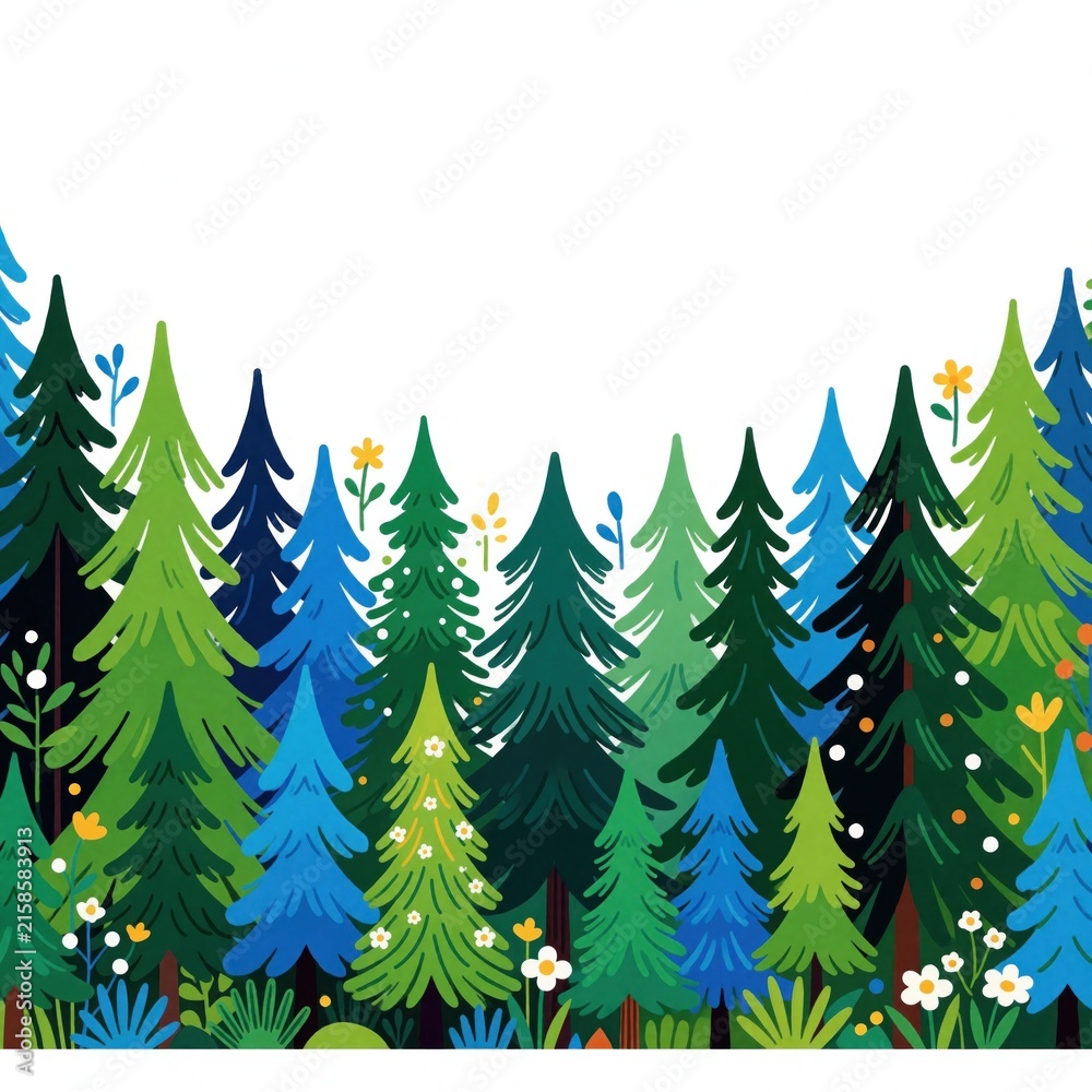 Obraz premium Stylized forest border with colorful green, blue pine trees. Flat design illustration features evergreen woods, small flowers on white background. Nature landscape frame provides ample copy space for