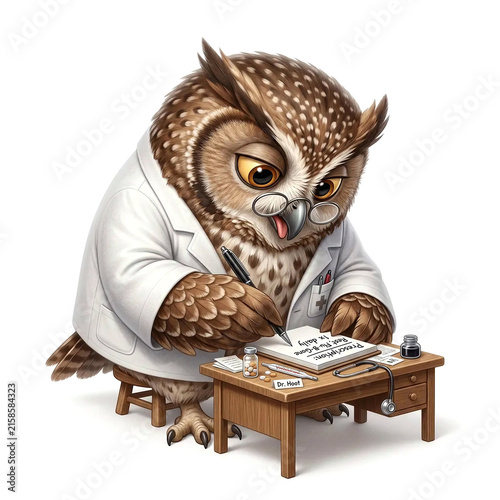 Owl Doctor Writing Prescription Desk Isolated White - Generative AI
