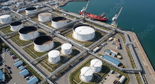 Expansive Industrial Fuel Logistics Hub with Storage Tanks, Cranes, and Shipping Vessel at a Busy Port