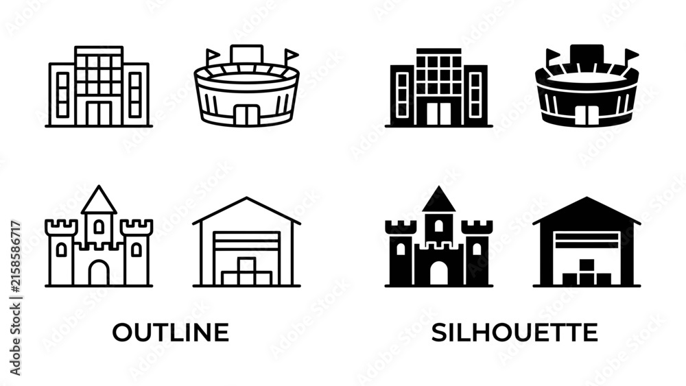 Obraz premium Architectural Icons: A collection of building icons presented in both outline and silhouette styles, featuring a school or administrative building, a stadium, a castle, and a warehouse.