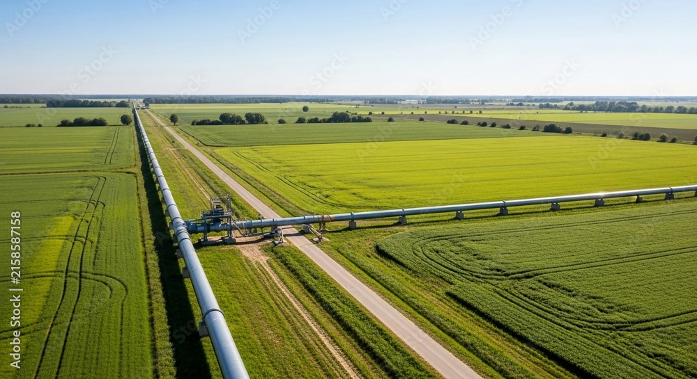 Fototapeta premium Expansive industrial pipeline system stretches across green agricultural fields under a clear blue sky, showcasing energy infrastructure.