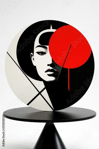Panel kuchenny z motywem Abstract round art with female face graphic in black white red. Geometric shapes create modern face portrait, bold contrast composition, minimalist style.