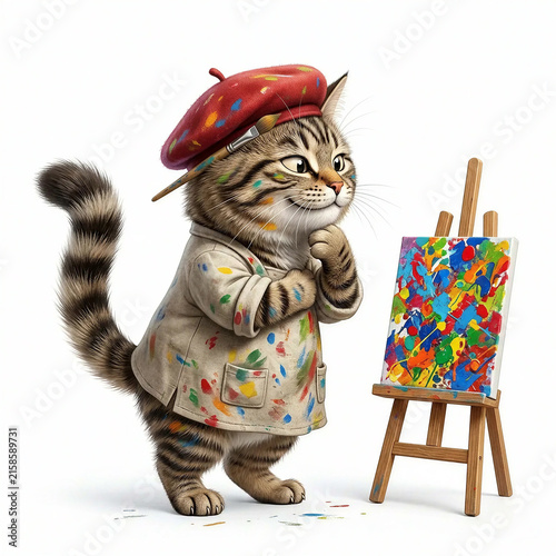 Cat Artist Admiring Artwork Proud Pose Isolated White - Generative AI