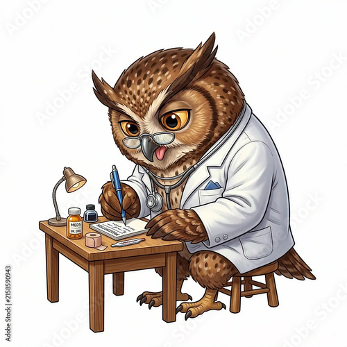Owl Doctor Writing Prescription Desk Isolated White - Generative AI