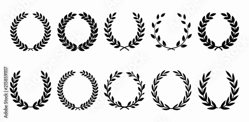 Set of black laurel wreath silhouettes and circular olive branch frames vector illustration for award emblems and certificates