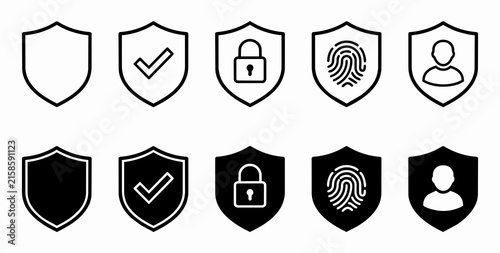 Set of black outline and solid security shield icons featuring checkmark, padlock, fingerprint, and user profile vector illustrations