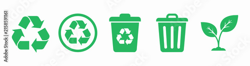 flat green recycling and eco-friendly icons featuring trash bins, and plant sprout 
