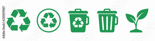Set of green recycling and eco-friendly icons, waste bins, mobius loop, and plant sprout illustration