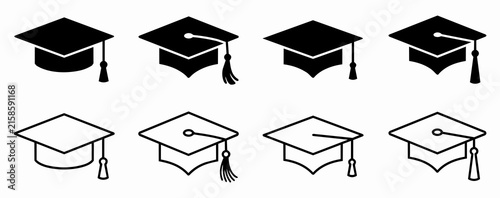 Set of black graduation cap icons featuring solid silhouette and outline mortarboard vector illustrations for academic design