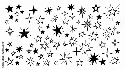 Set of black hand-drawn stars and sparkles doodle vector illustration for magic twinkle and night sky design