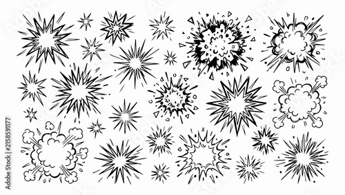 Set of black hand-drawn comic explosion clouds and starburst blast effects vector illustration for pop art design