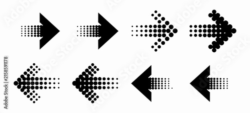Set of black halftone dotted arrows featuring fading gradient effect vector illustration for digital interface design