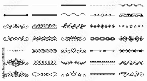 Set of black decorative dividers, vintage ornamental borders, and horizontal text separators vector illustration
