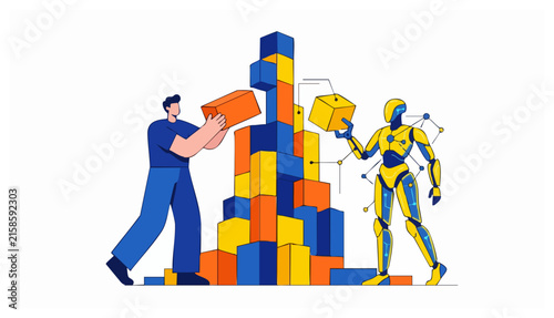 Vector illustration of a human and robot building a block tower together