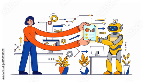 Flat vector illustration of a woman in an office handing a data report to a humanoid robot assistant