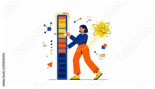 Flat vector illustration of a woman adjusting a vertical progress bar next to a brain icon