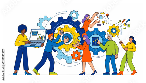 Diverse team of professionals collaborating on large mechanical gears with laptop and data visualization icons