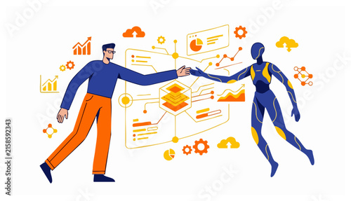 Flat design vector art of a man shaking hands with a robot surrounded by data charts and icons