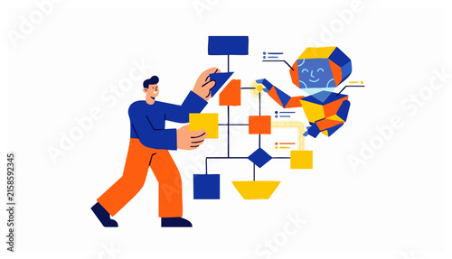 Flat illustration of a man and a robot collaborating on a flowchart diagram