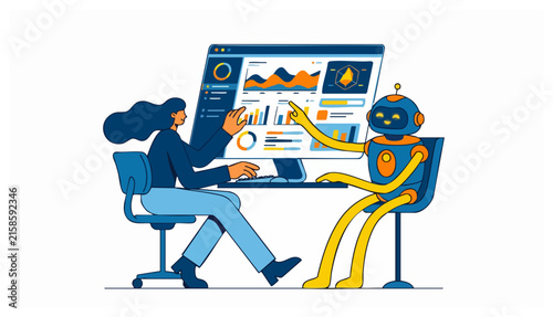 Vector illustration of a woman and a robot analyzing data charts on a computer screen