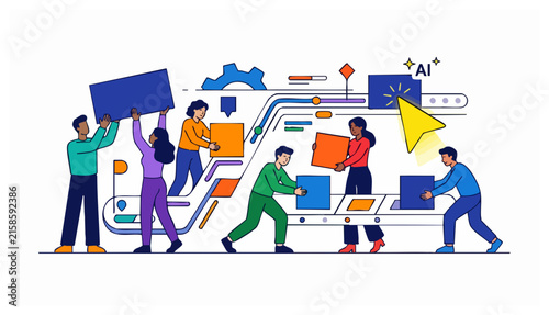 Flat vector illustration of a diverse team moving colorful boxes along a conveyor belt towards an AI icon