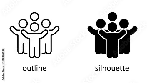 Konstfotografi Group Icon Set: A pair of simple line art and silhouette icons depicting a group of stylized people with their arms raised, representing community or team spirit