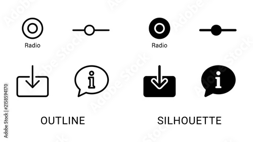 Foto Outline and Silhouette Icons: A set of outline and silhouette icons including radio buttons, download symbols, and information bubbles, presented in a clear, comparative layout