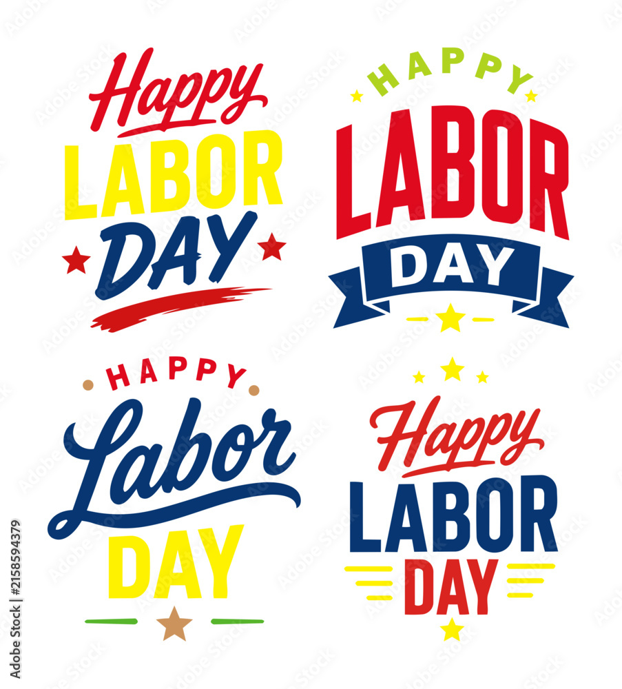 Fototapeta premium Colorful Labor Day typography collection with festive lettering and stars.