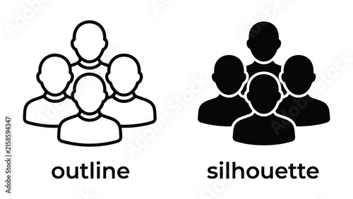 Canvas Print People Icon Set: A collection of stylized human figures presented in both outline and silhouette forms, representing groups or community