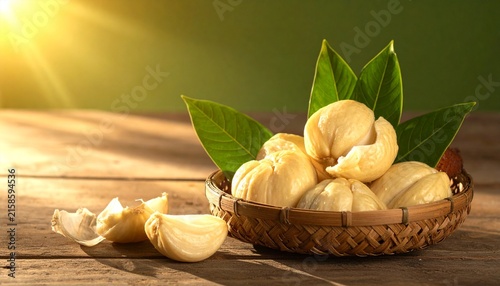 Fresh Garlic Bulbs in Woven Basket with Green Leaves.